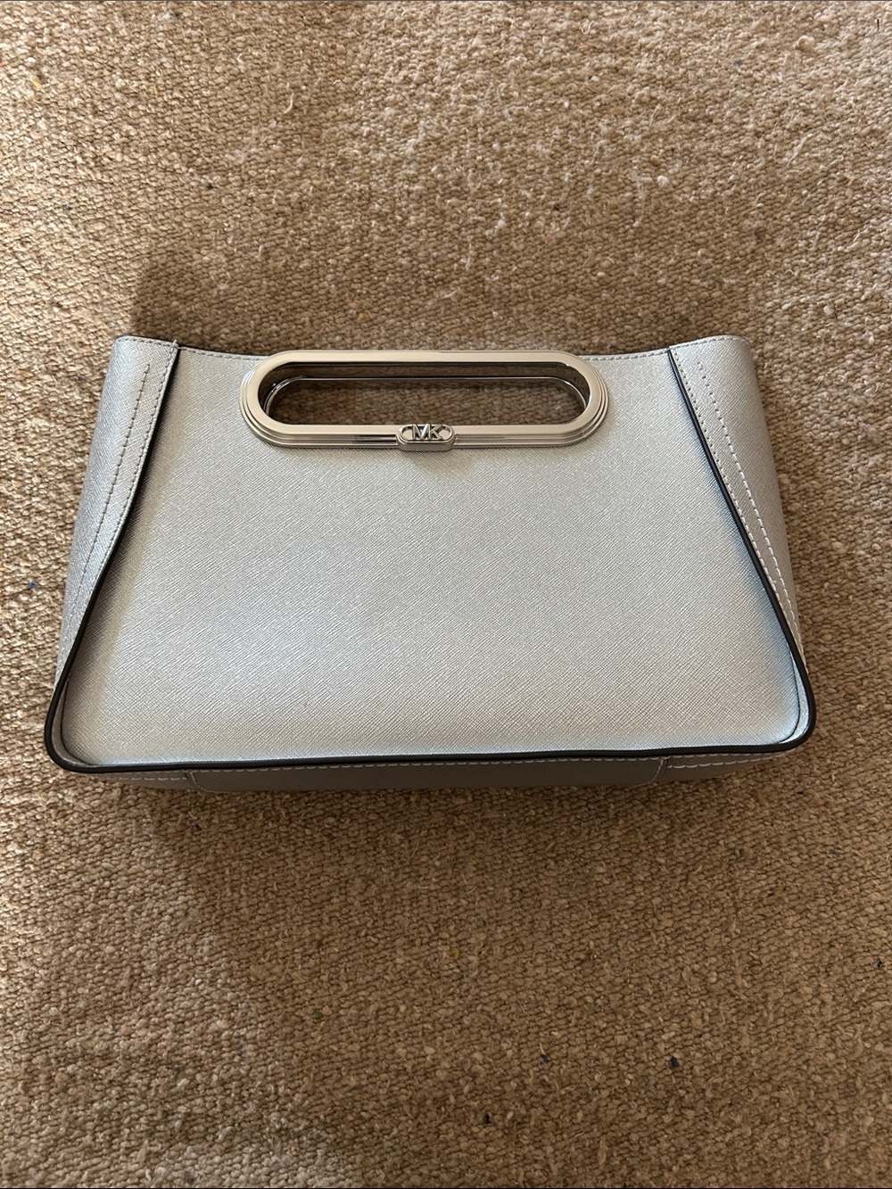 Michael Kors Silver Saffiano Leather Top-Handle Clutch with Cutout Handle